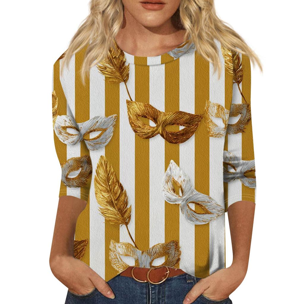 Dámský módní ležérní top s tříčtvrtečním rukávem a karnevalovým potiskem u krku