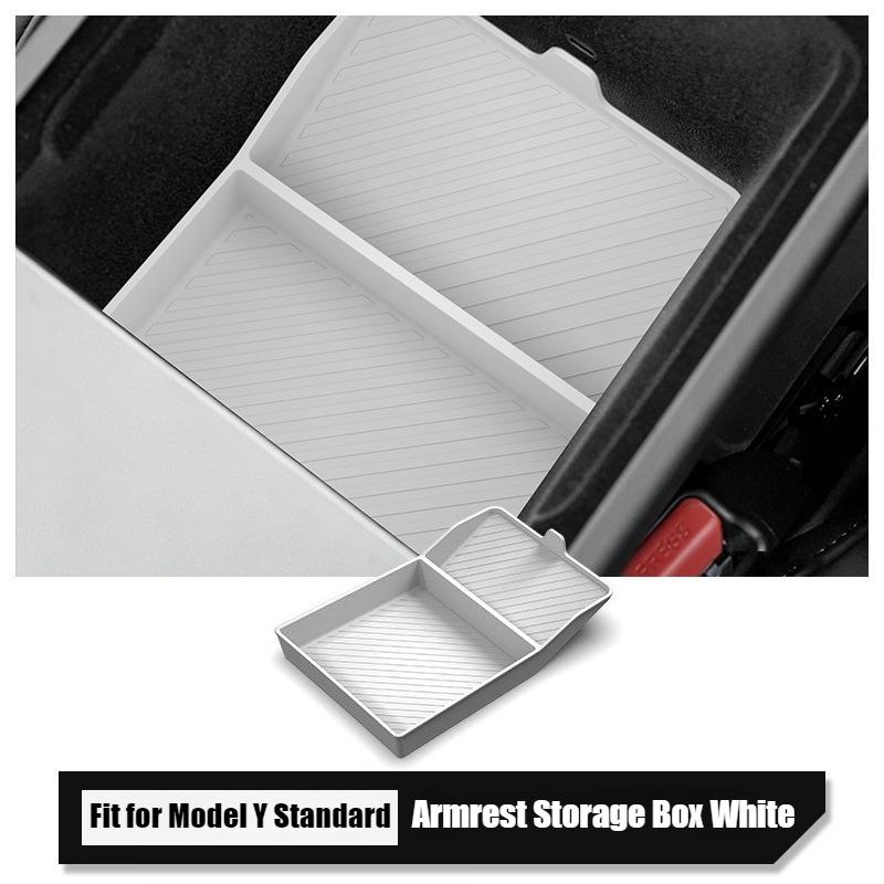 Armrest Storage Box For Tesla Model Y Juniper Standard 2025 2026 Center Console Bottom Organizer Tray Silicone Pad Accessories