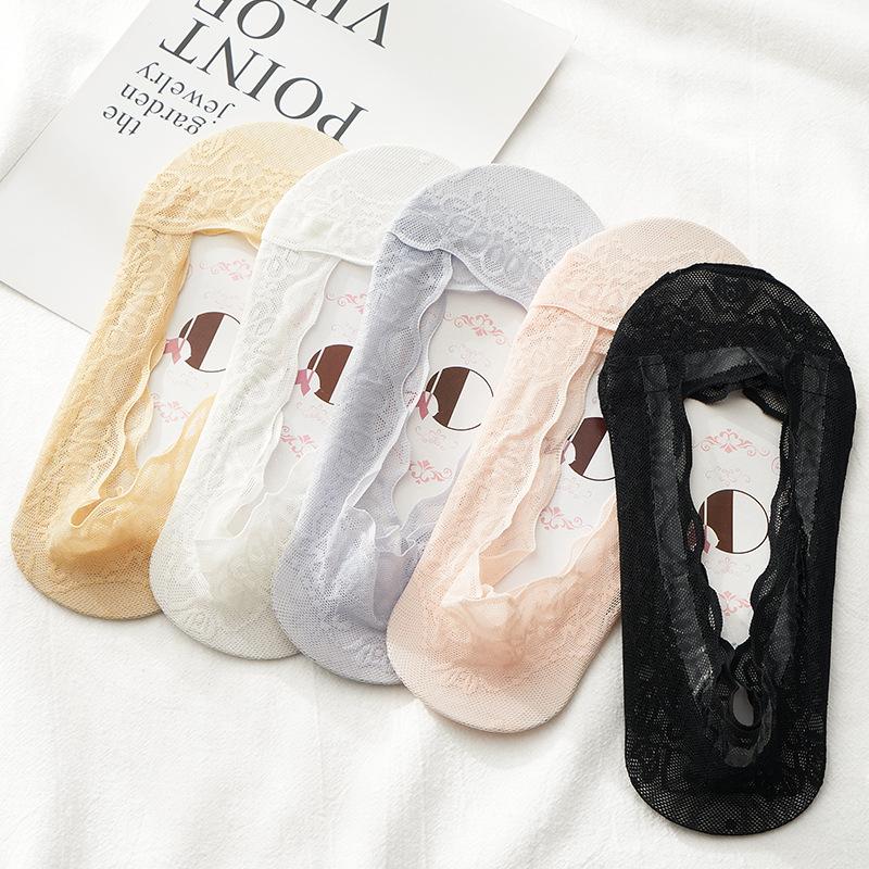 5 Pairs Lace Boat Socks Women Shallow Mouth Summer Thin Silicone Non-slip Breathable with Invisible Socks