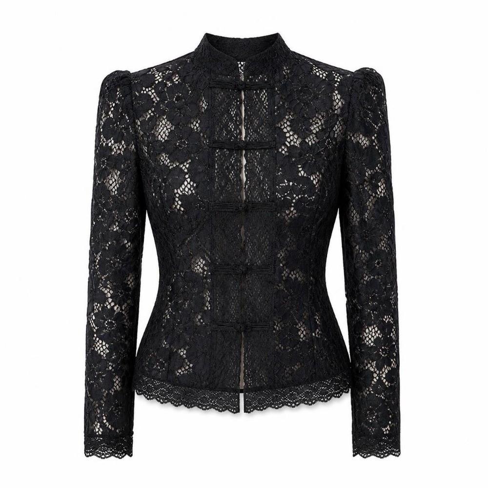 Long Sleeves See-Through Blouse Slim Fit Women Shirt Tops Vintage Lace Printed Shirts Spring