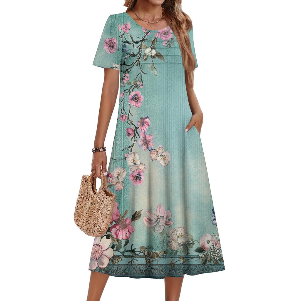 Ladies' Floral Printed Casual And Fashionable Short Sleeved Round Neck Dress