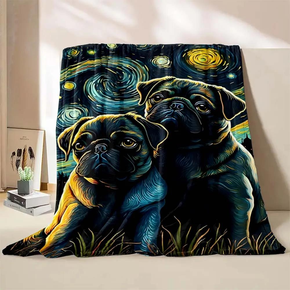 Cute Pet Dog Pug Print Throw Blanket Soft Cozy Flannel Blanket Lightweight Warm Bed Blanket for Couch Sofa Camping Office Travel