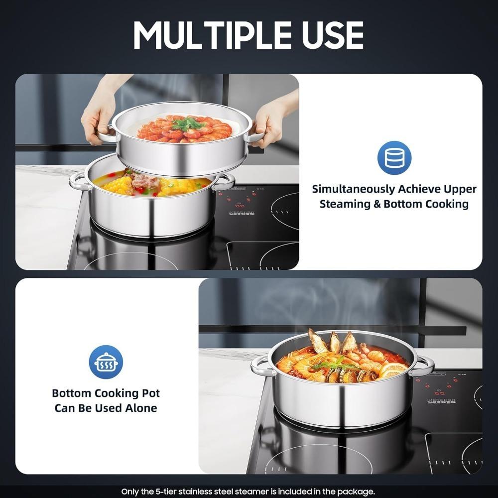 Steamer Pot 5 Tier Stainless Steel Steamer Pan Dumpling Steamer Large Steamer Cooking Pot with Vented Glass Lid for All Stoves