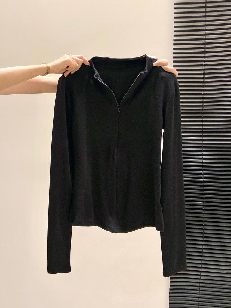 European-Style Slim-Fit Women's Zipper Collar Long-Sleeve T-Shirt, Brushed Warm Inner Layer for Autumn/Winter, Elegant Ins Style Base Top