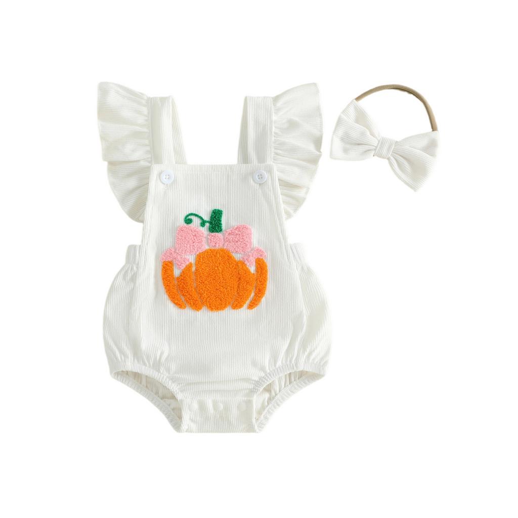 Citgeett Summer Halloween Infant Baby Girl Halloween Outfit Pumpkin Flying Sleeve Romper Bow Headband Clothes