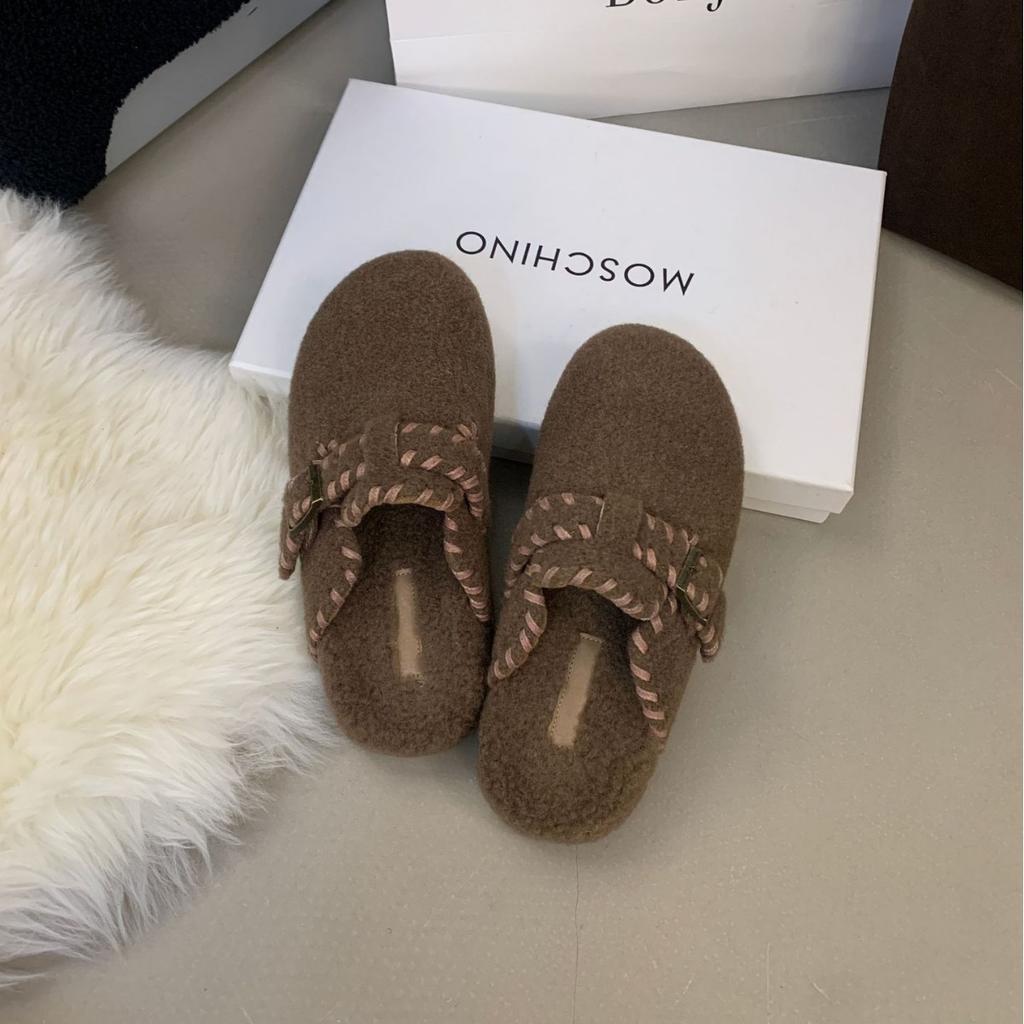 2025 autumn and winter new round-headed woolen one-word with plush warm thick-soled Mary Jane Doudou half-drag women's single shoes