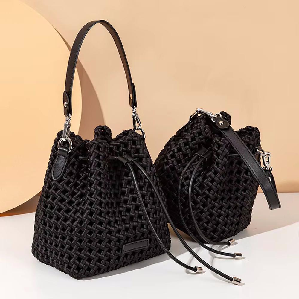 Annmouler Hand-woven Handbag for Women Mini Knot Shoulder Bag Designer Woven Black  Bucket Bag with 2 Shoulder Straps