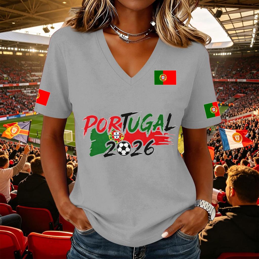 Women's Casual V Neck Short Sleeve Pullover Top with Soccer Flag Print Portugal 2026 Support Shirt for Fans and Sports Events