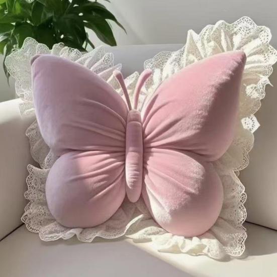 Butterfly Throw Pillow Plush Butterfly Pillow with Lace Ruffle Decorative Bedroom Cushion for Living Room Sofa Couch Bed Car