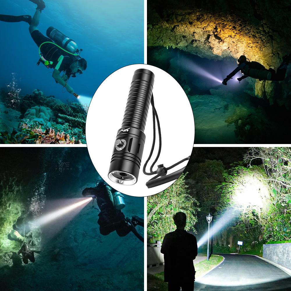 50M Professional Diving Torch IPX8 Waterproof USB C Rechargeable LED Flashlight 18650 Wrist Strap Underwater Scuba Diving Light
