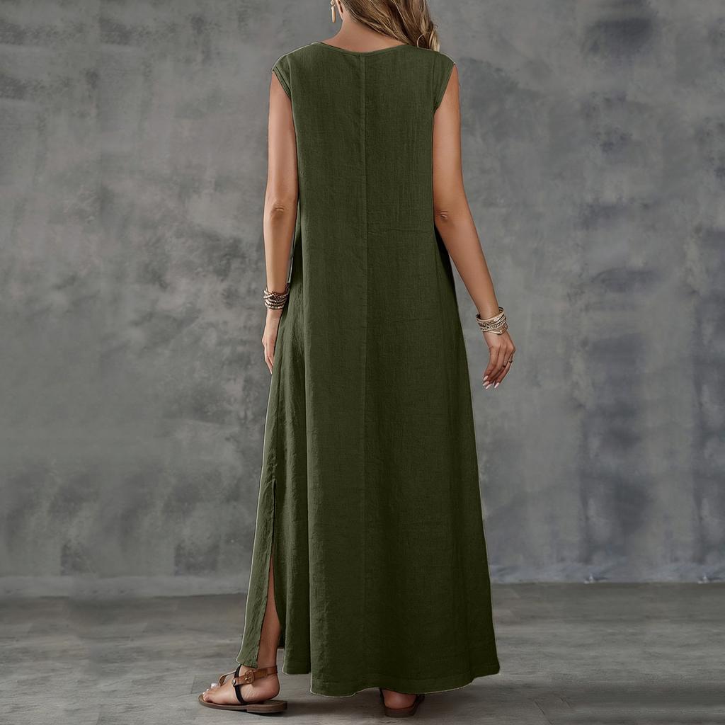 Ärmelloses V-Ausschnitt Maxikleid Lockerer Schnitt Langes Kleid Leichte Leinenoptik Sommer Freizeitkleid mit Seitenschlitz für Damen