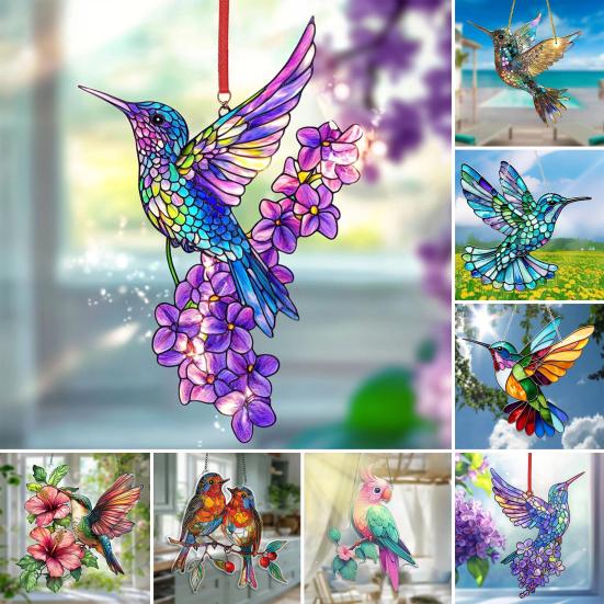Acrylic Colorful Hummingbird Sun Catcher Hanging Pendant with Lanyard Easy To Install Bird Window Crafts Hanging Decor