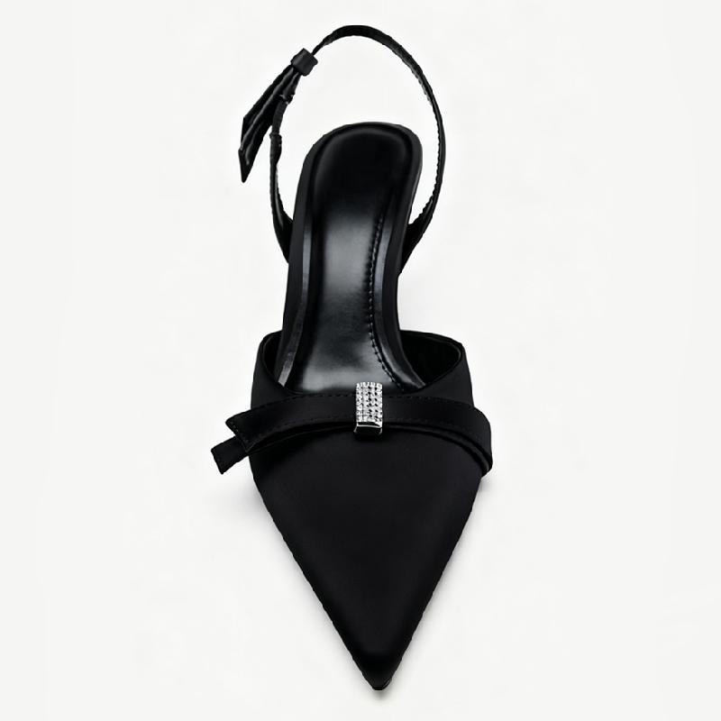 Zapatos de Salón Negros con Punta Fina y Lazo de Satén para Mujer Lujosos con Pedrería Diseñador Slingback Sandalia de Tira Trasera con Tacón de Aguja de Moda