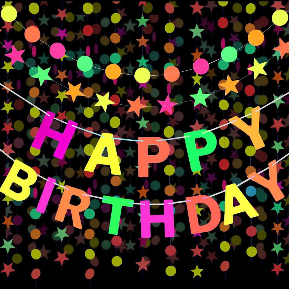 

4m Fluorescent Birthday Banner & Pennant with Star Garland for Blacklight Parties
