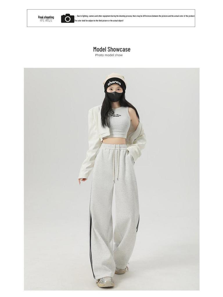 Women's American-Style Sweatpants with Side Stripe - High Waist, Slimming, Wide Leg - Spring/Autumn 2024