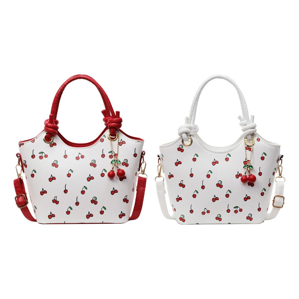 Leather Bucket Cherry Printed Crossbody Bag for Women Girls Stylish Small Tote Handbag Zipper Satchel Bag with Adjustable Strap