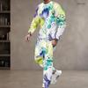 Men Plus Size Printed Navy Blue Round Neck Long Sleeve Top And Cuffed Pants Two Piece Sets