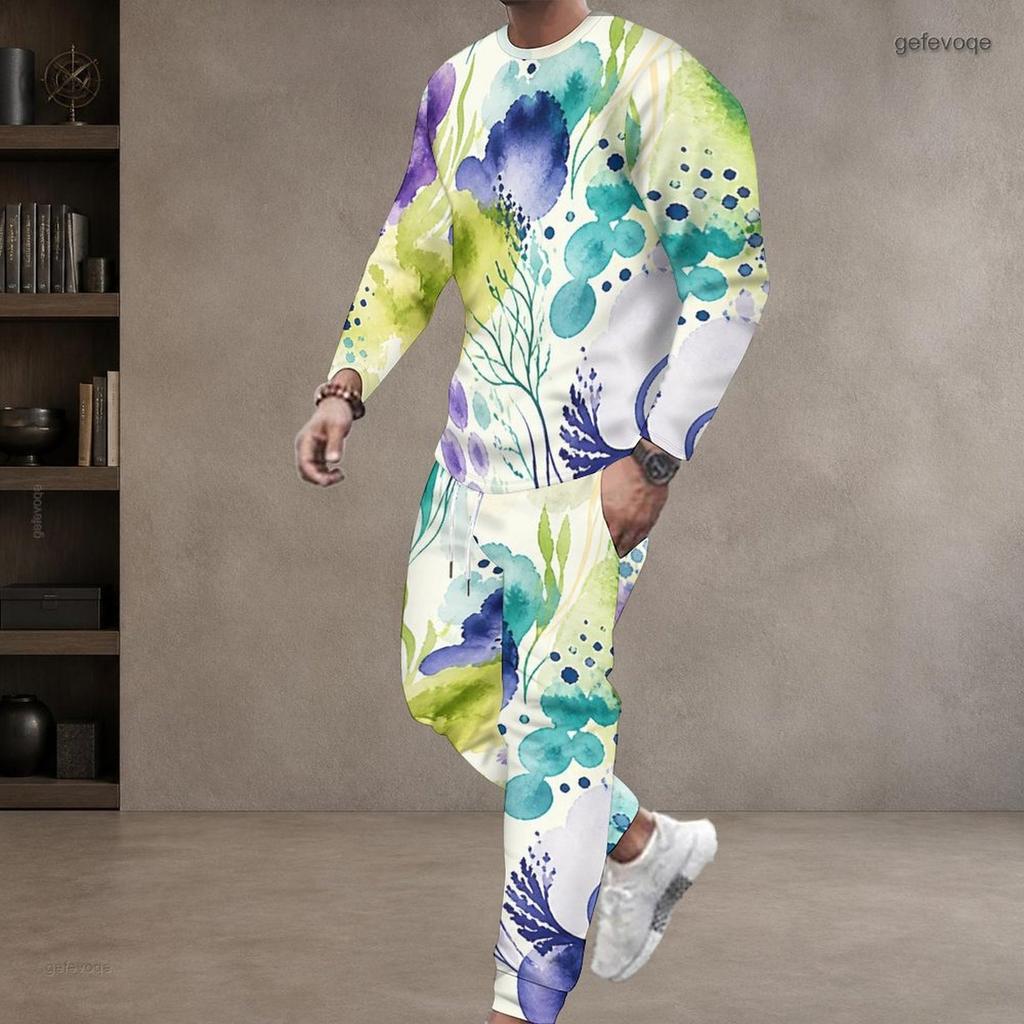 Men Plus Size Printed Navy Blue Round Neck Long Sleeve Top And Cuffed Pants Two Piece Sets