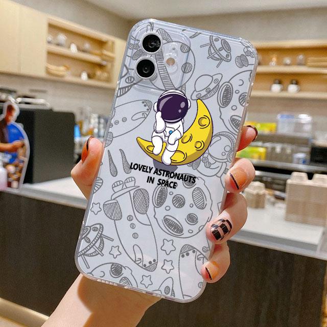 Urocze etui z kreskówkowym astronautą na iPhone 14 11 12 Pro 13 Pro Max XR XS X 6s 7 8 Plus SE 2020 13 Mini Luksusowe Przezroczyste Etui Odporne na Wstrząsy