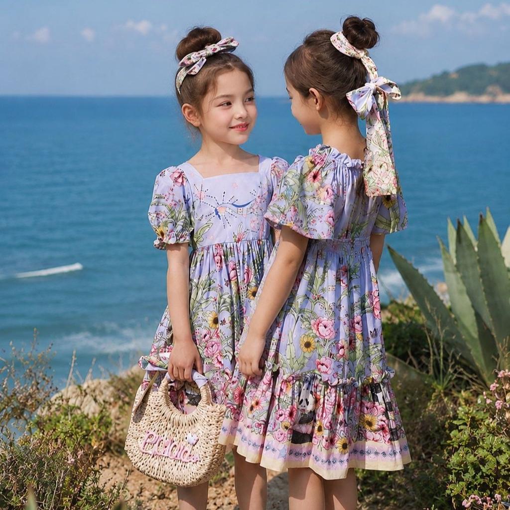 Girls Summer Lightweight Princess Dress with Panda Print and Puff Sleeves