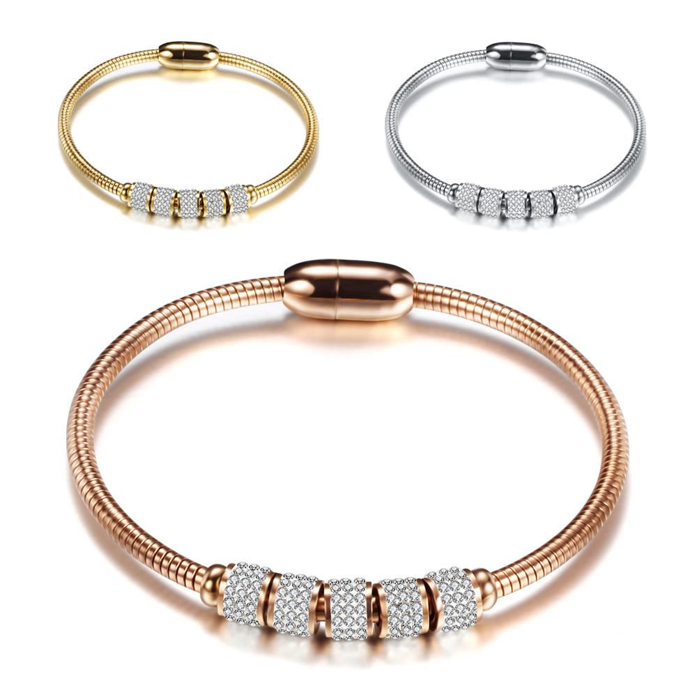 3mm Rhinestone Snake Bone Chain Bracelet with Stainless Steel Magnetic Clasp, 18K Gold Plated, Simple Fashion for European & American Market