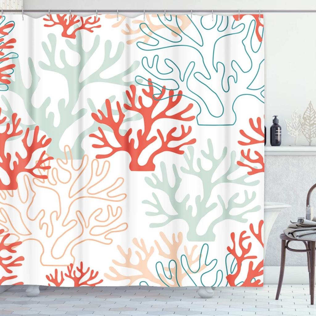 Shower Curtain Pattern Red Pink and Mint Coral Tropical Reef Nautical Waterproof Polyester Fabric with Hooks