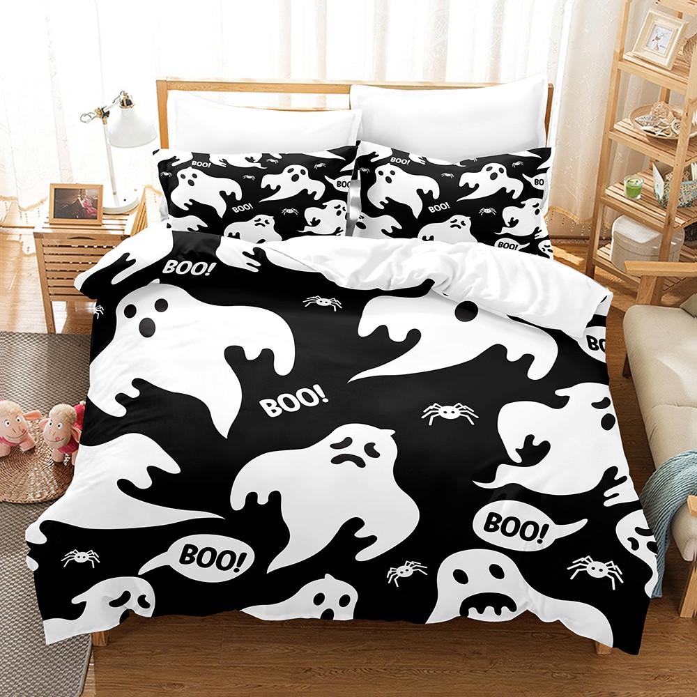 Halloween Sängkläder Set Sött Tecknat Vitt Spökmönster Sängkläder Set Sovrumsdekor för Barn Halloween-presenter Halloween-dekorationer