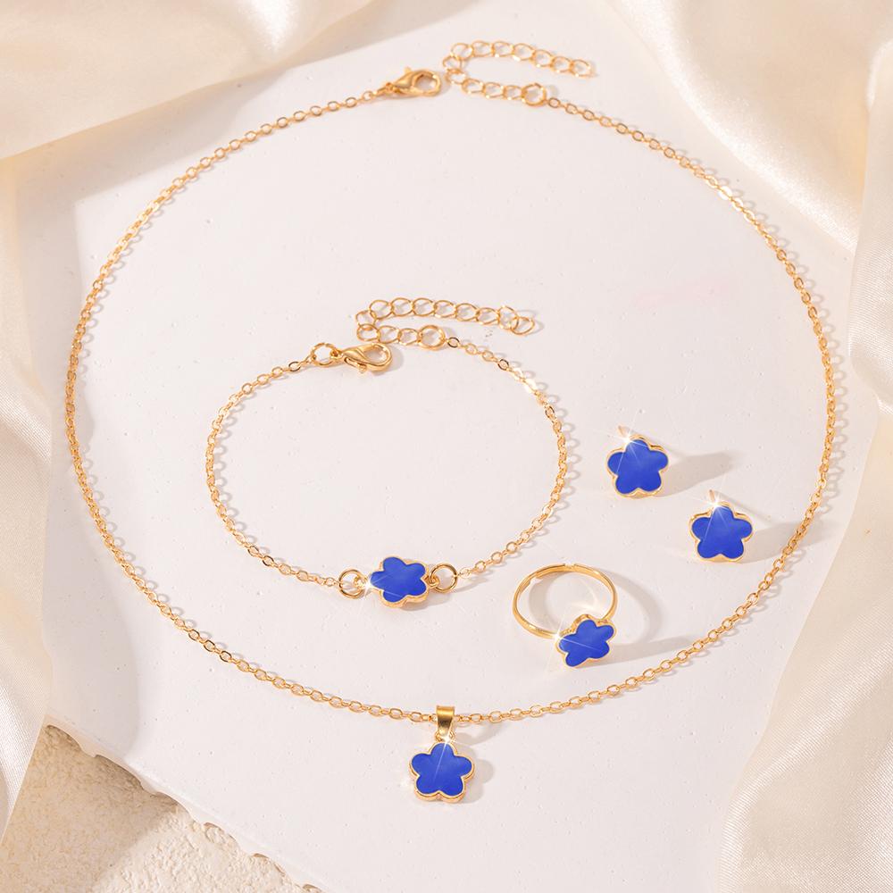 5pcs/set Stainless Steel Lucky Five Petal Flower Zircon SetBracelet Necklace Earrings Zircon Set, Perfect For Giving Gifts