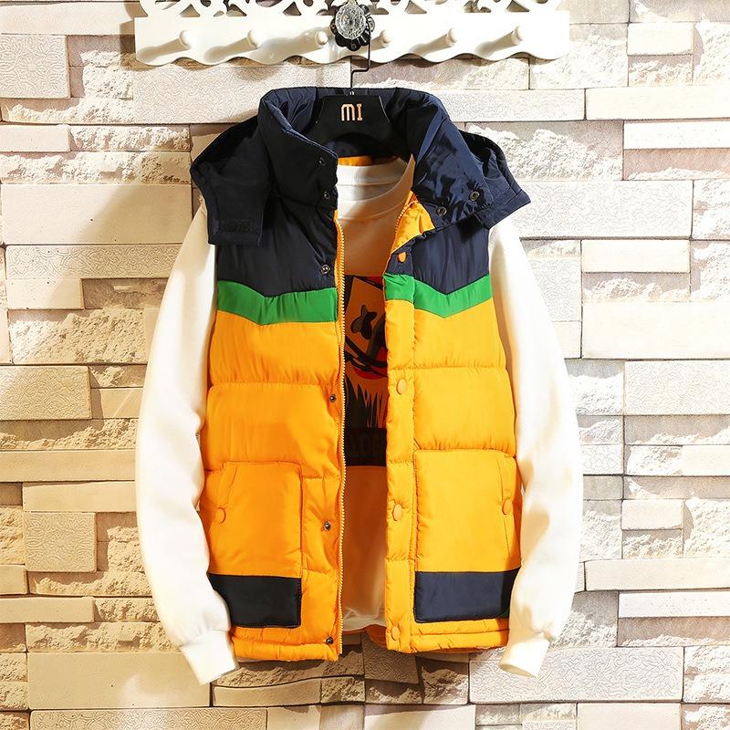 

Autumn and winter hooded splicing zipper couple sleeveless cotton vest men s slim vest fashion vest women s tide S жовтий