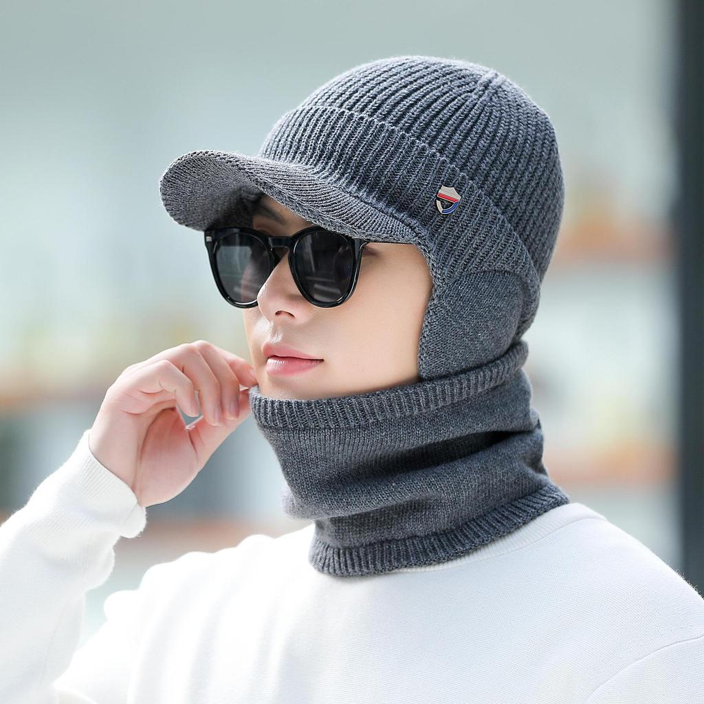Men's Windproof Cold-proof Solid Color Warm Plush Stretchy Hats Autumn Winter Ear Protection Large Size Outdoor Knitted Hats