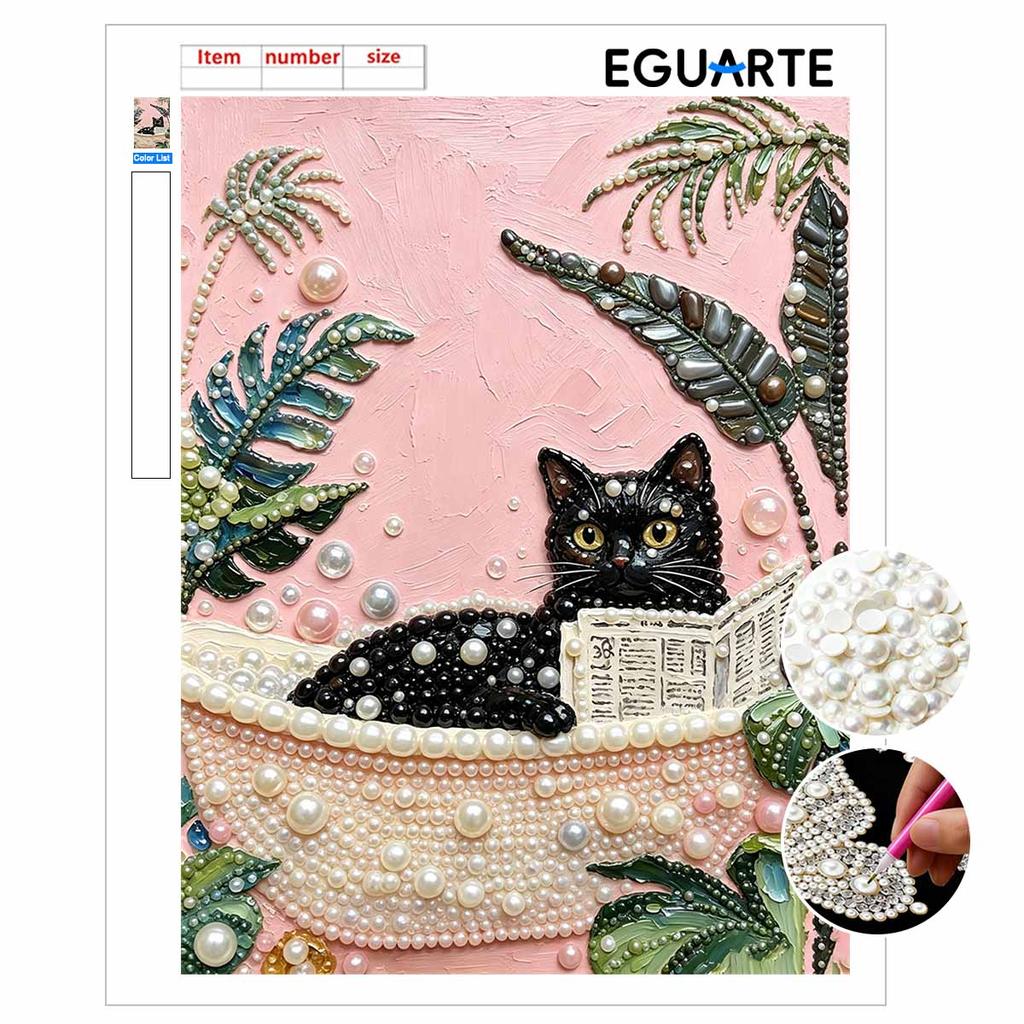 Elegant Framed Pearl Art DIY Set with Cute Black Cat Bathtub Design 5D Sparkling Bead Canvas Painting Ready to Display Romantic Home Decor Gift