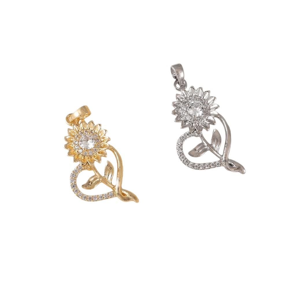 Two-Tone Sunflower Heart Pendant with Cubic Zirconia In Gold/White Gold On Sterling Silver Chain