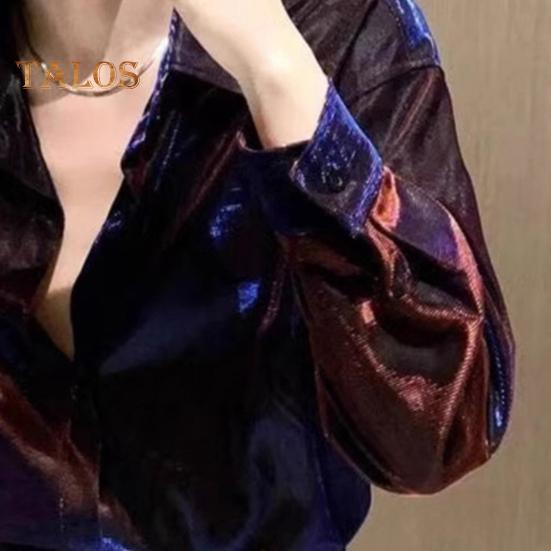 Men Shirt Turn-down Collar Loose Glossy Surface Single-breasted Loose Long Sleeve Top Club Party Casual Formal Wear Shirt