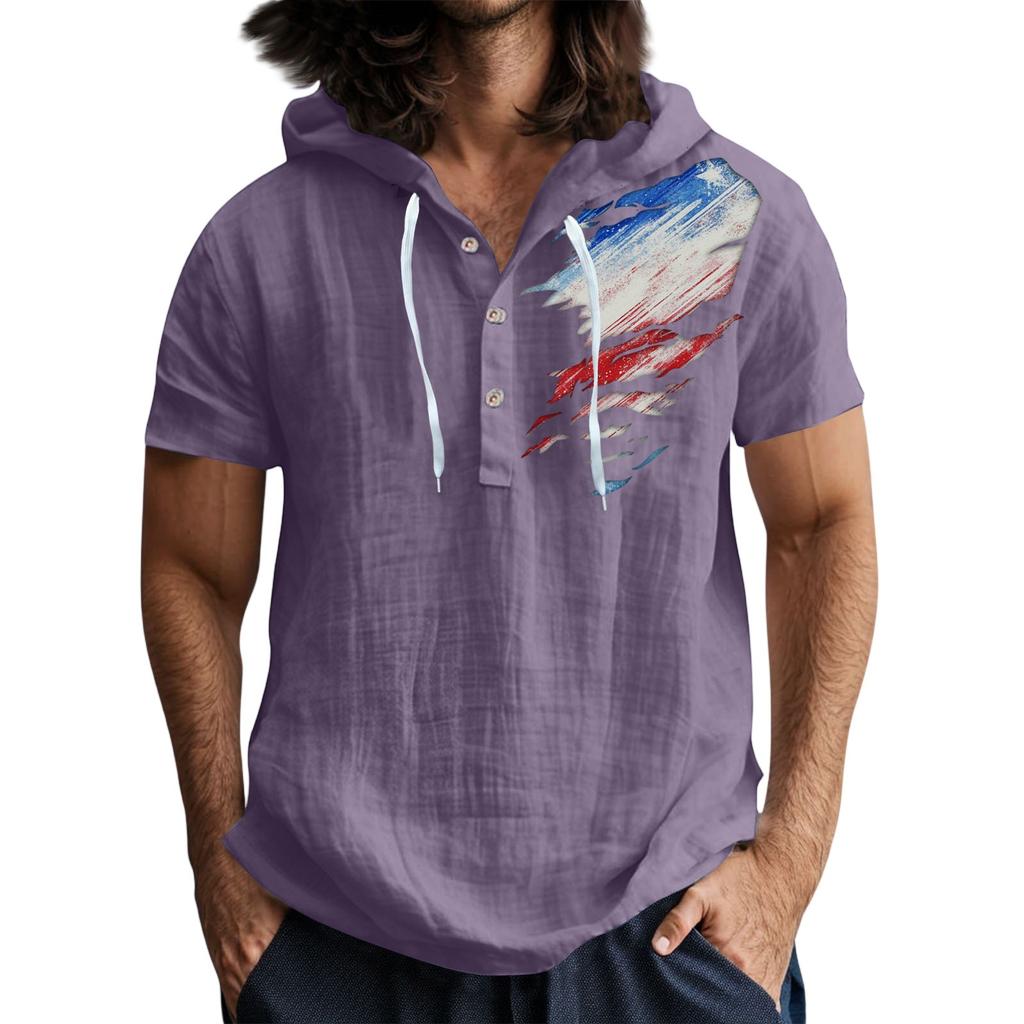 Męska koszulka z krótkim rękawem i kapturem, zapinana na guziki, z odkrytym dekoltem