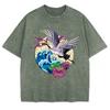 Gru Godono di Fiori Fioriti Magliette Lavate Uomo Cotone Oversize Maglietta Casual Girocollo Manica Corta Top Abbigliamento