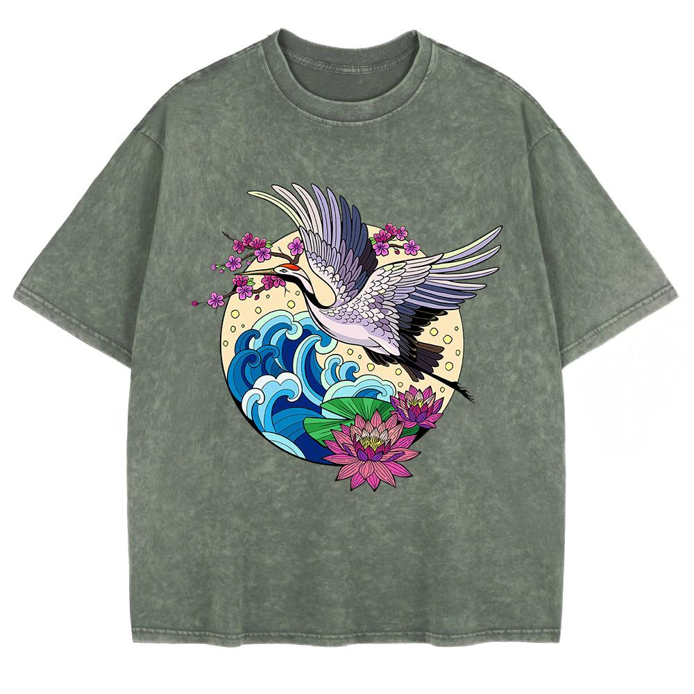 Gru Godono di Fiori Fioriti Magliette Lavate Uomo Cotone Oversize Maglietta Casual Girocollo Manica Corta Top Abbigliamento