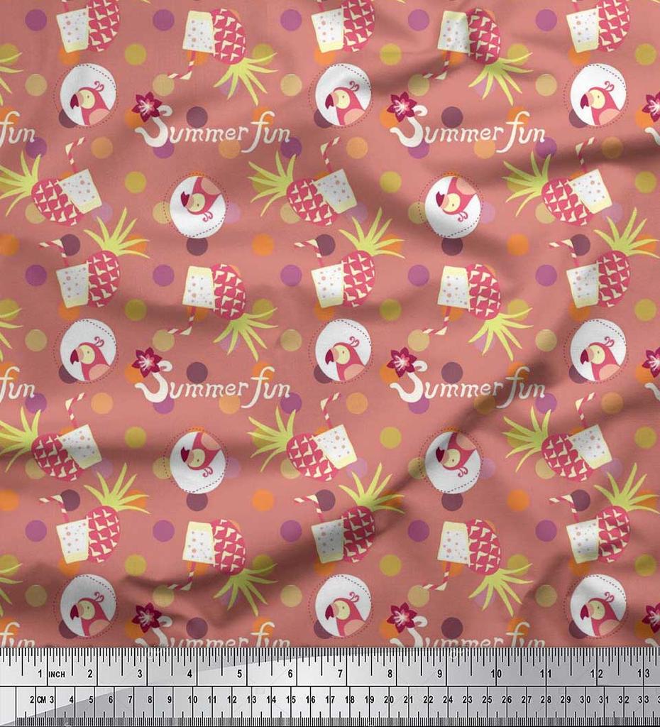 Soimoi Japan Crepe Satin Fabric Dot,Parrot & PineJuice Summer Designs Fabric Prints By Metre 42 Inch