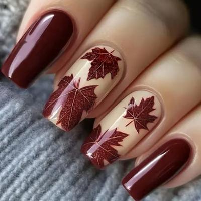 24Pcs Wine Red Maple Glossy Press On Nail No Tools Needed Nail Art for Autumn Winter Party