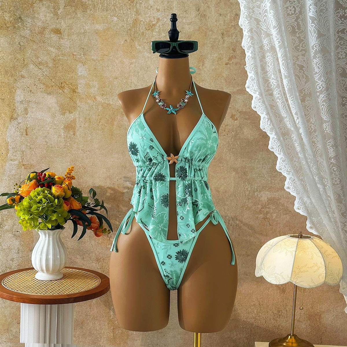 

2026 European and American Sexy New Sequined Flower Seaside Beach Vacation Split Swimsuit Bikini L