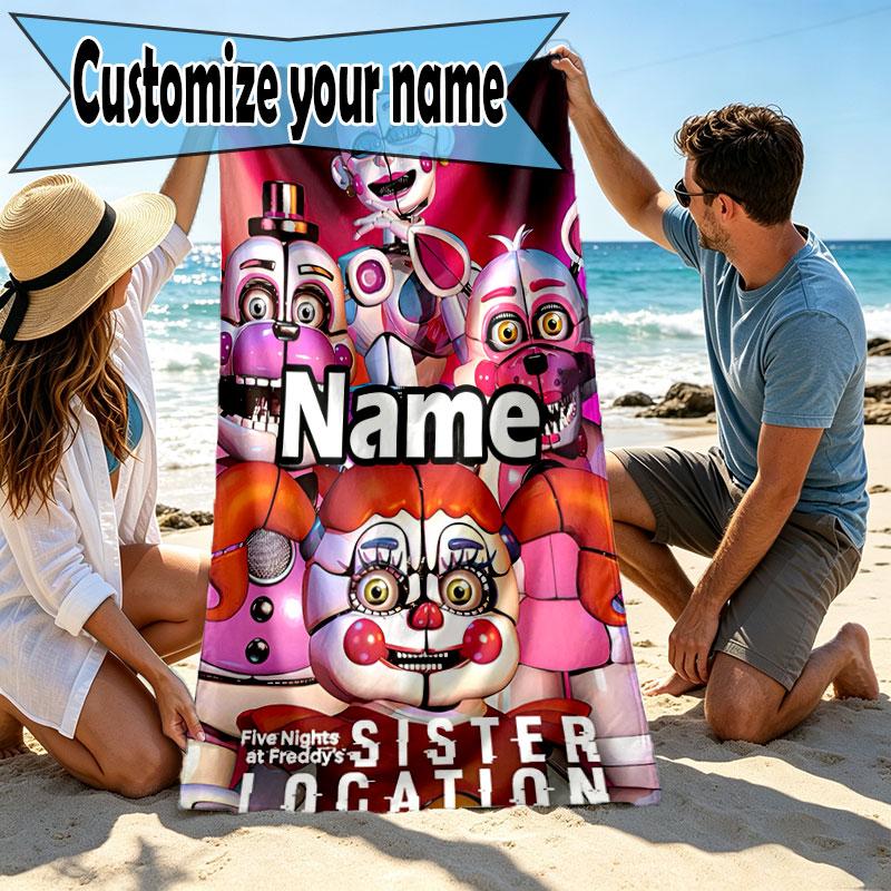 Personalisierter Strandtuch mit individuellem Namen für Five Nights at Freddy's, für Reise Camping Strandparty Heimdekoration, Geburtstagsgeschenk für Familie & Freunde