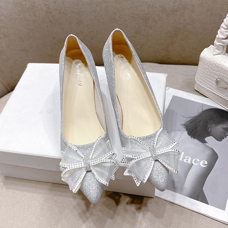 High heels women's autumn bow thin heel 2025 new rhinestone wedding shoes French pointed head shallow mouth temperament single shoes