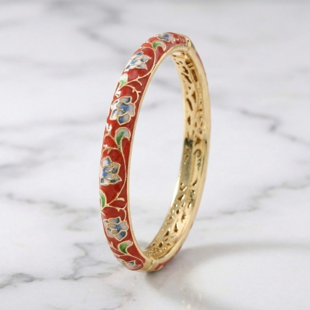 Enamel Vintage Cloisonne Bangle Traditional Chinese Chinese Peony Flower Bangle Peony Floral Classic Women's Hand Bracelet