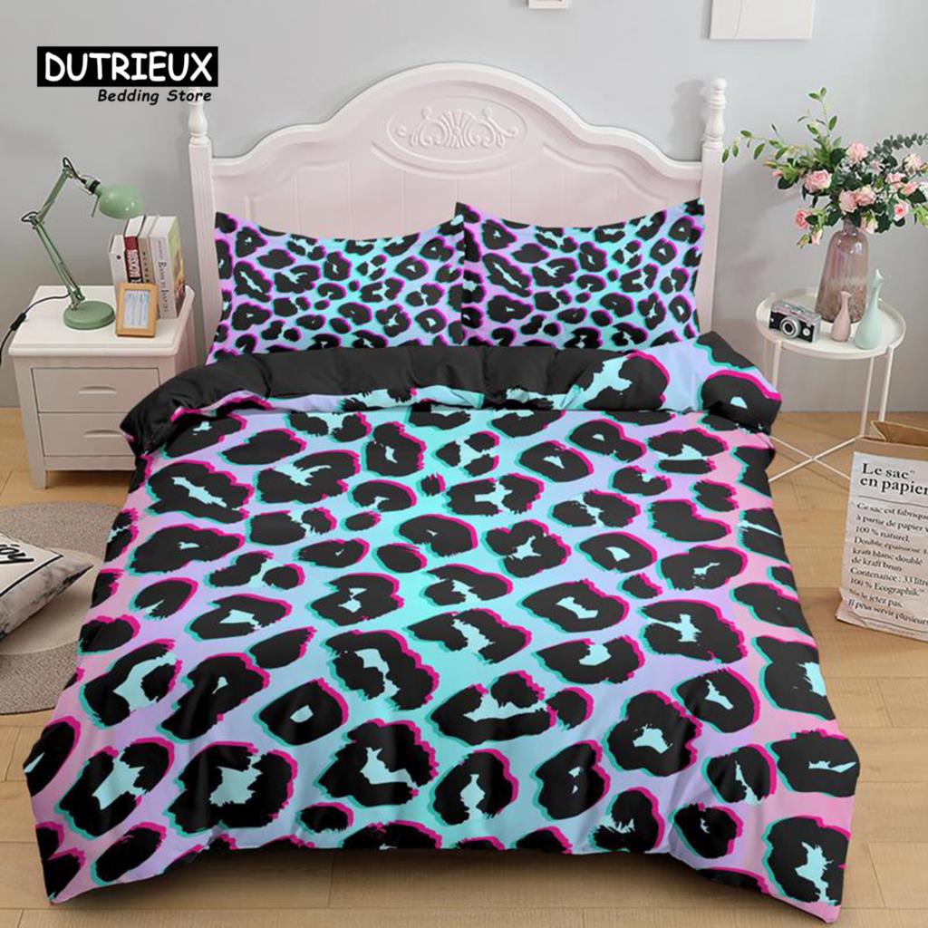 Colorful Leopard Print Bedding Set Microfiber Animal Skin Pattern Print Duvet Cover For Teens Adults Pillowcases Bedroom Decor