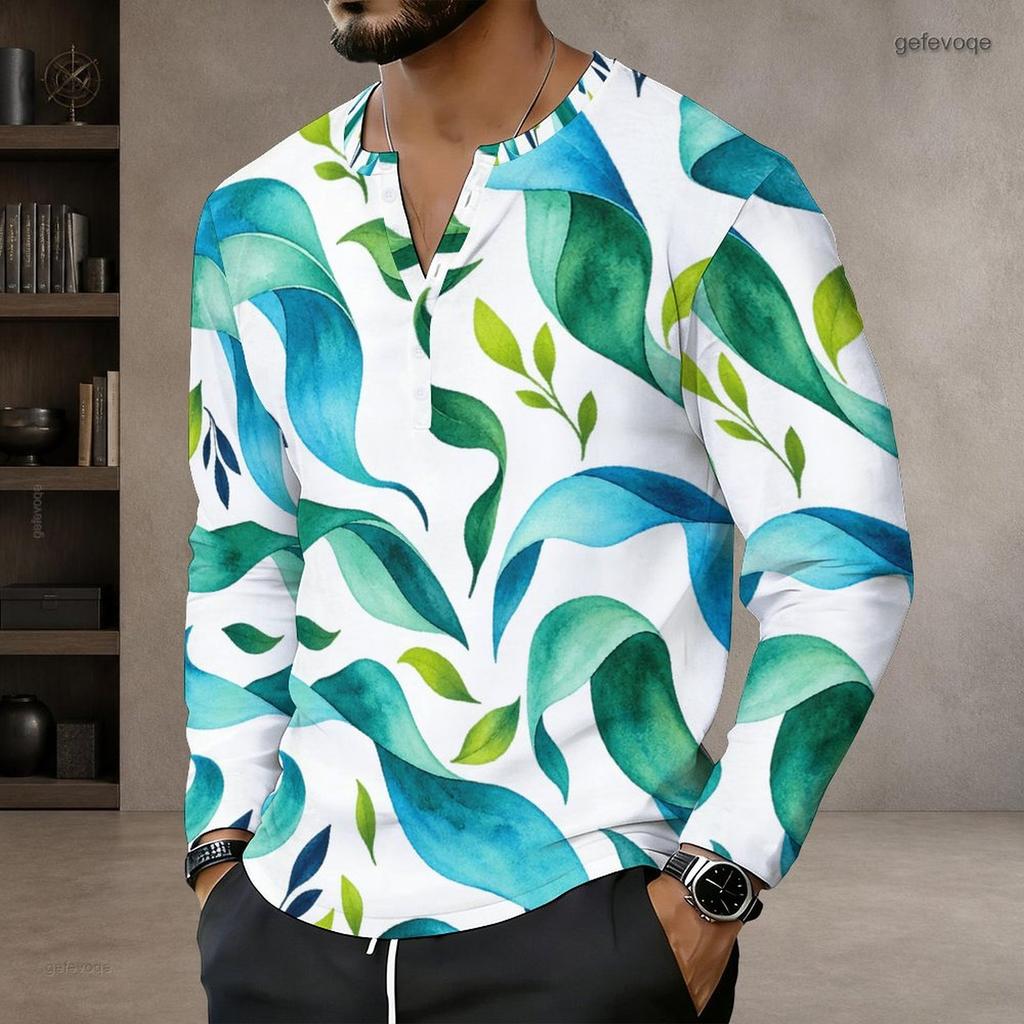 Men s Plus Size Notch Neck Long Sleeve Blue White Abstract Wave Printed Pullover Shirt