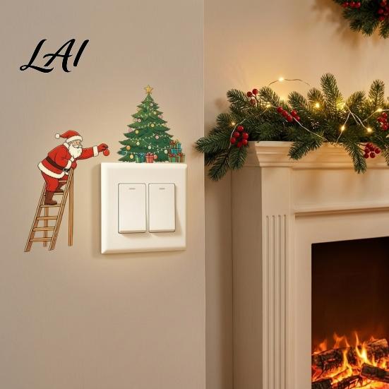 Christmas Party Atmosphere Decor Light Switch Sticker Santa Claus Climbing Ladder Cover Funny Indoor Outdoor Holiday Ornaments Peel & Stick Removable