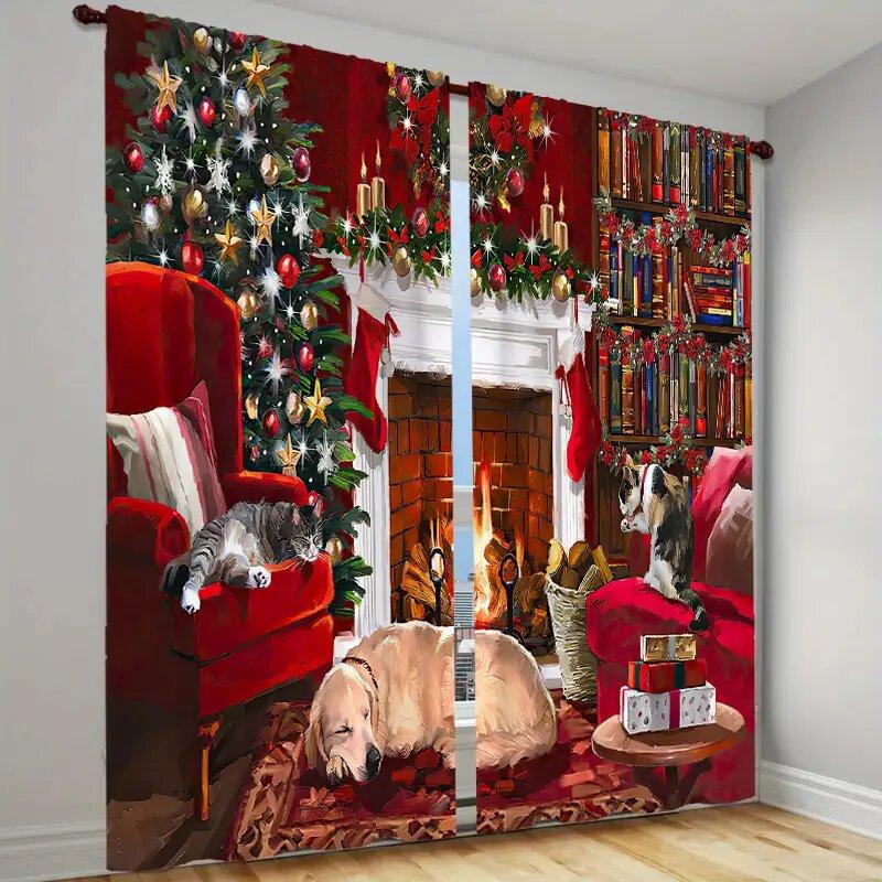 Set Of 2 Winter Snowflake Santa Claus Patterned Curtains Christmas Home Decoration Room Curtain Made Polyester