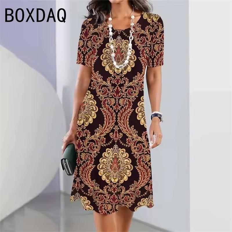 Retro Ethnic Print Mini Dress Women's Fashion Street Style Summer Short Sleeve Round Neck Casual Dress Vestidos De Mujer