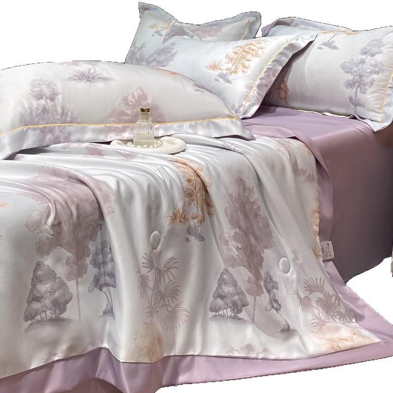 Printed Tencel Summer Quilt 4-Piece Set - Cooling Ice Silk for Naked Sleep, Smooth Gift Quilt