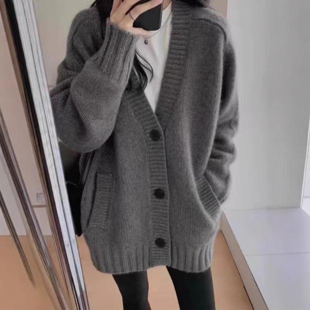Women's V-Neck Pure Wool Mid-Length Cardigan Coat, Elegant Gray - Autumn/Winter Style