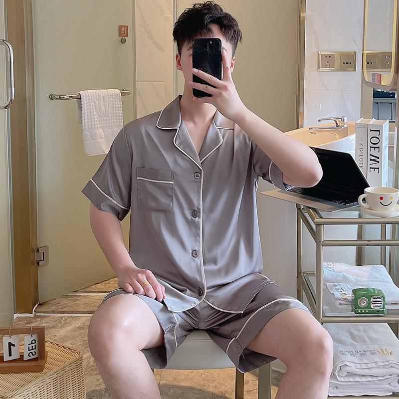 Men's Silk-Feel Summer Pajama Set: Short Sleeve Cardigan & Shorts